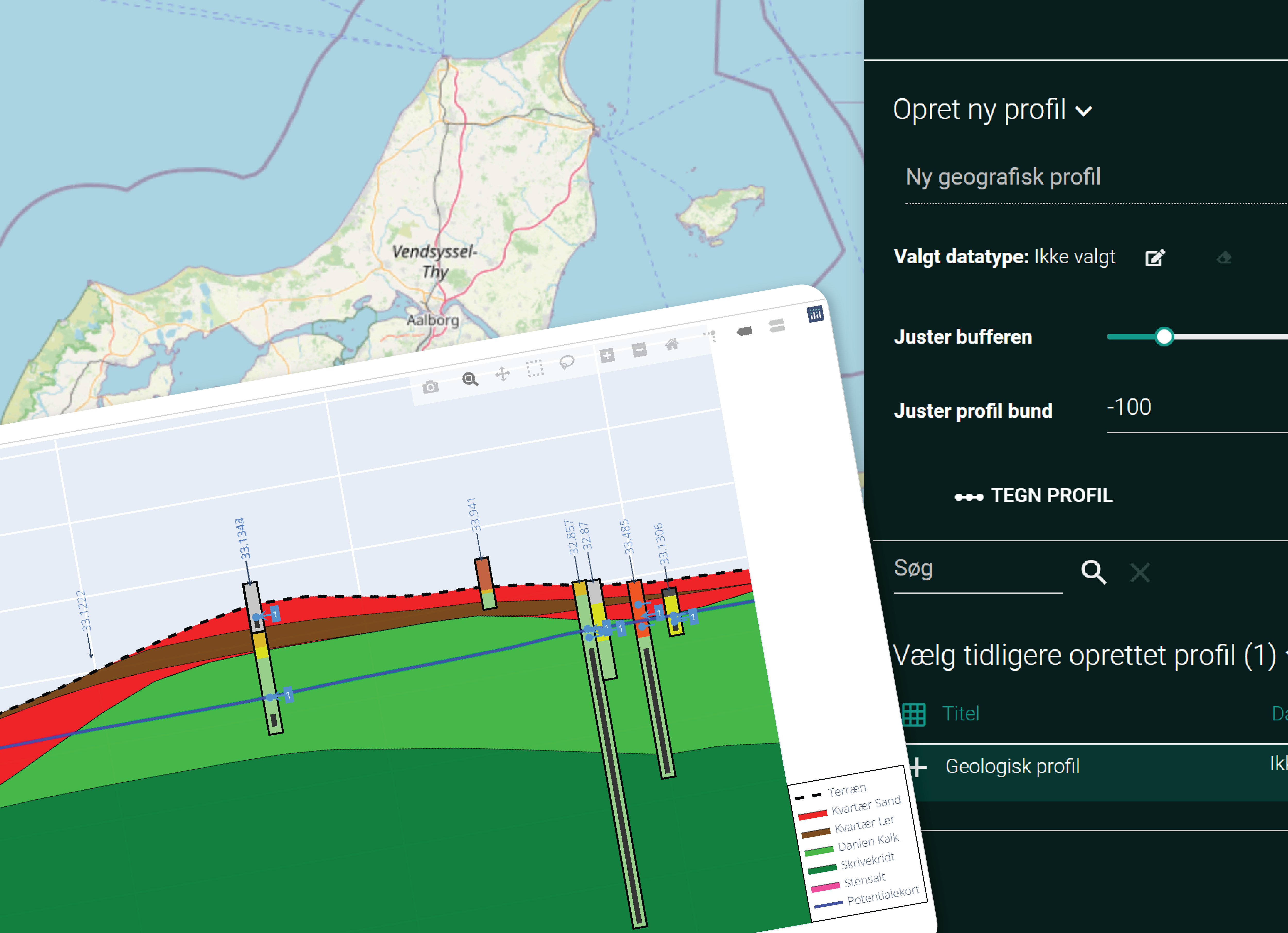 Calypso Desktops interface med tegning af Geologisk profil